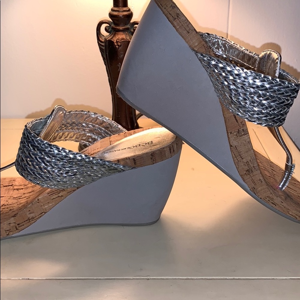 Silver and gray wedge BCBG sandals